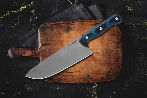 TOPS Knives Dicer 8 Chef Knife - Tumble Finish - 7.75" Blade - CPM S35VN Steel - Black Canvas Micarta/Blue and Black G10 Handle TOPS Knives Dicer 8 Chef Knife - Tumble Finish - 7.75" Blade - CPM S35VN Steel - Black Canvas Micarta/Blue and Black G10 Handle