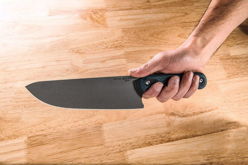 TOPS Knives Dicer 8 Chef Knife - Tumble Finish - 7.75" Blade - CPM S35VN Steel - Black Canvas Micarta/Blue and Black G10 Handle TOPS Knives Dicer 8 Chef Knife - Tumble Finish - 7.75" Blade - CPM S35VN Steel - Black Canvas Micarta/Blue and Black G10 Handle