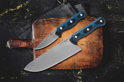 TOPS Knives Dicer 8-3 Combo (Dicer 8 Chef and Dicer 3 Paring) - Tumble Finish - CPM S35VN Steel - Black Canvas Micarta/Blue and Black G10 Handle TOPS Knives Dicer 8-3 Combo (Dicer 8 Chef and Dicer 3 Paring) - Tumble Finish - CPM S35VN Steel - Black Canvas Micarta/Blue and Black G10 Handle