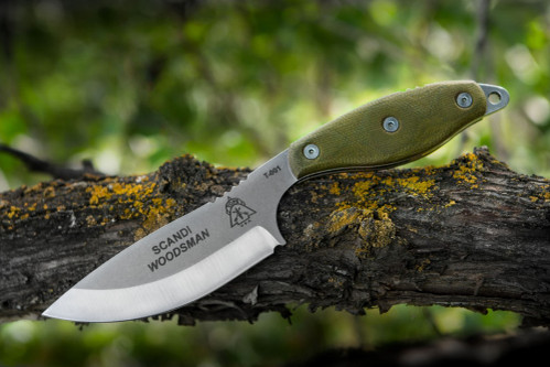 TOPS Knives: SWOOD-3.5, Scandi Woodsman - Green Canvas Micarta Handle, Leather Sheath TOPS Knives: SWOOD-3.5, Scandi Woodsman - Green Canvas Micarta Handle, Leather Sheath