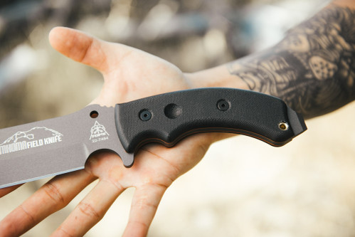 TOPS Knives Tahoma Field Knife, TAHO-04TNS (Top Not Sharp) - Tungsten Finish 7.75" Blade - Black Canvas Micarta Handle