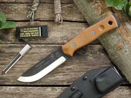 TOPS Knives, TPBROS01 B.O.B. (Brothers Of Bushcraft) Fieldcraft Fixed Blade Knife w/ Tan Canvas Micarta Handle TOPS Knives, TPBROS01 B.O.B. (Brothers Of Bushcraft) Fieldcraft Fixed Blade Knife w/ Tan Canvas Micarta Handle