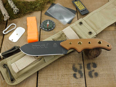TOPS Knives, TPWSG4 Wilderness Guide 4.0 Fixed Blade Bushcraft Knife w/ Tan Canvas Micarta Handle