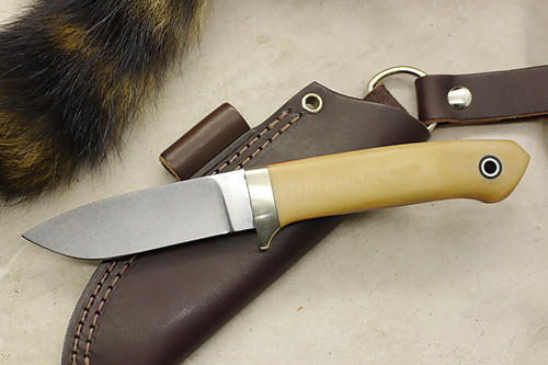 W. A. Surls Knives (Allen Surls) Custom Lovesless Patten Drop Point Hunter Fixed Blade (Tapered Tang), Hunting Knife w/ Natural Linen Micarta Handle, Nickel Silver Bolster & Thick Black & Thin Orange Liners - 1