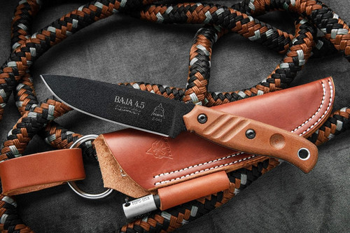 TOPS Knives, BAJA 4.5 Reserve Edition - Black Traction Coating - Tan Canvas Micarta Handle - Leather Sheath TOPS Knives, BAJA 4.5 Reserve Edition - Black Traction Coating - Tan Canvas Micarta Handle - Leather Sheath