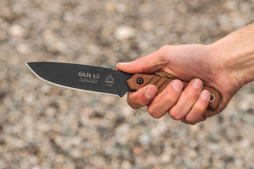 TOPS Knives, BAJA 4.5 Reserve Edition - Black Traction Coating - Tan Canvas Micarta Handle - Leather Sheath TOPS Knives, BAJA 4.5 Reserve Edition - Black Traction Coating - Tan Canvas Micarta Handle - Leather Sheath