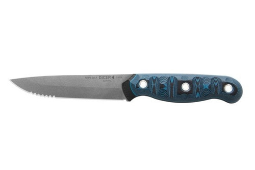 TOPS Knives Dicer 4 Steak Knife - Tumble Finish - SERRATED 4.38" Blade - CPM S35VN Steel - Black Canvas Micarta/Blue and Black G10 Handle