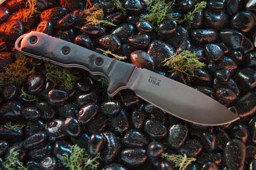 TOPS Knives: TIH-02 Idaho Hunter SRE - Black River Wash Fixed Blade Hunting Knife w/ Black Linen Micarta Handle