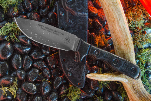 TOPS Knives: TIH-02 Idaho Hunter SRE - Black River Wash Fixed Blade Hunting Knife w/ Black Linen Micarta Handle