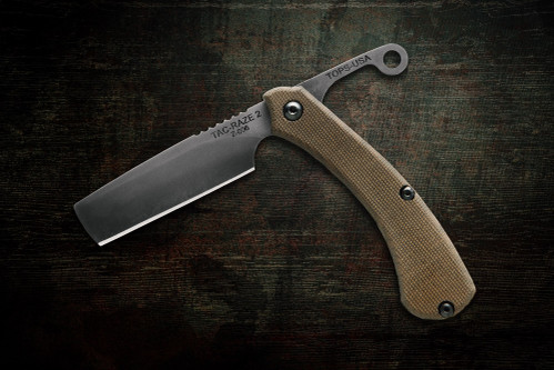 TOPS Knives TRAZ-02 - TAC-RAZE 2, 1095 Black River Wash Finish Blade w/ Green Canvas Micarta Handle