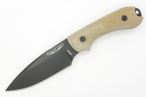 Bradford Knives: Guardian3, 3D - M390 Steel - Drop Point - Sabre/False Edge - Black Diamond Like Coating Blade Finish - 3D Natural Micarta Handle - Black Fasteners Bradford Knives: Guardian3, 3D - M390 Steel - Drop Point - Sabre/False Edge - Black Diamond Like Coating Blade Finish - 3D Natural Micarta Handle - Black Fasteners