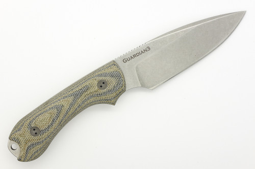 Bradford Knives: Guardian3, 3D - M390 Steel - Drop Point - Sabre/False Edge Grind - Stonewash Blade Finish - 3D Camo Micarta Handle