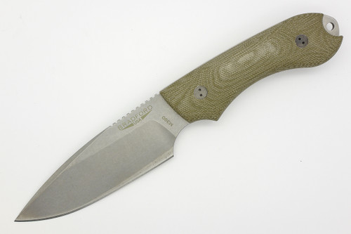 Bradford Knives: Guardian4, 3D - M390 Steel - Drop Point - Sabre/False Edge Grind - Stonewash Blade Finish - 3D OD Green Canvas Micarta Handle