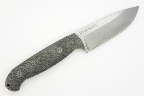 Bradford Knives: Guardian4.5, 3D - CPM 3V Steel - Drop Point - Sabre Grind - Stonewash Blade Finish - 3D Black Canvas Micarta Handle