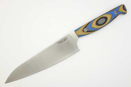 Bradford Knives: Chef, 8 Inch - M390 Steel - Stonewash Blade Finish - Blue G-Wood Handle