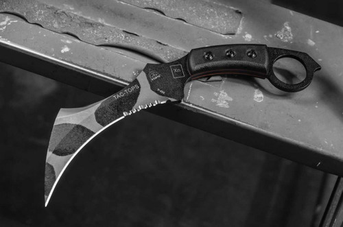 TOPS Karambit Camo, TAC-01C - Black CAMO Traction Coated 7.13" Blade - Black Canvas Micarta Handle - Kydex Sheath