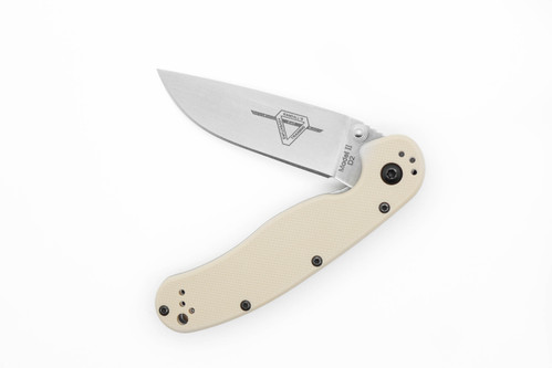 Ontario RAT Model 2 Folding Knife, 3" D2 Steel Stonewashed Finish, Desert Tan Nylon Handle - 8828DT