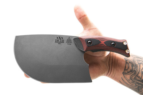 TOPS Knives XXX Dicer - Tumble Finish - 7.00" Blade - 440C Steel - Red and Black G10 Handle TOPS Knives XXX Dicer - Tumble Finish - 7.00" Blade - 440C Steel - Red and Black G10 Handle