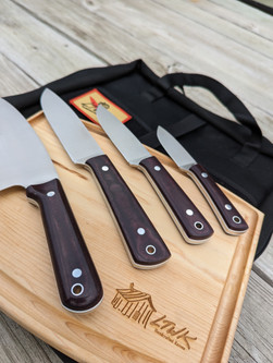 LT Wright Knives Cookcraft Collection Four Piece Knife Set w/ Bag and Board - AEB-L Steel - Flat Grind - Double Red Canvas Micarta w/ White Liners - Polished Finish