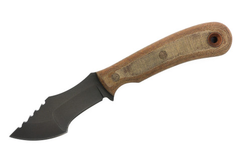 Dave Wenger Blades: Micro Tracker - CPM 3V Steel - Front Sawtooth - Vintage Linen Micarta - Kydex Sheath