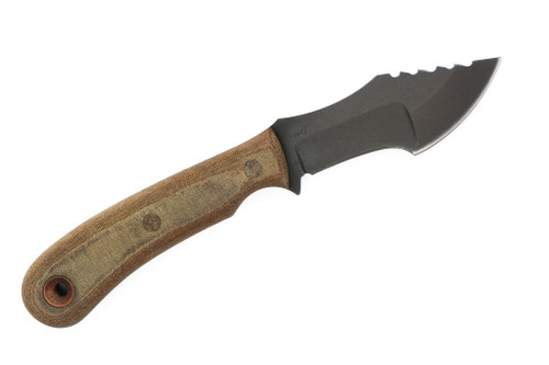 Dave Wenger Blades: Micro Tracker - CPM 3V Steel - Front Sawtooth - Vintage Linen Micarta - Kydex Sheath