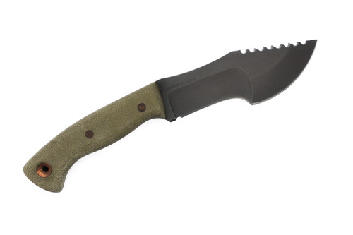 Dave Wenger Blades: Tracker Jr. - CPM 3V Steel - Front Sawtooth - Green Canvas Micarta - Kydex Sheath