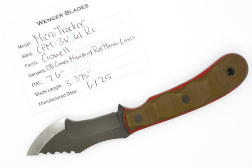 Dave Wenger Blades: Micro Tracker - CPM 3V Steel - Sawtooth - OD Canvas Micarta w/ Red Micarta Liners - Kydex Sheath