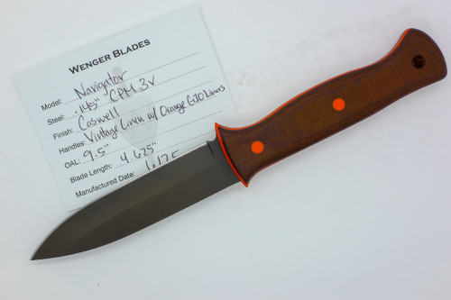 Dave Wenger Blades: Navigator - CPM 3V Steel - Vintage Linen w/Orange G-10 Liner - Kydex Sheath