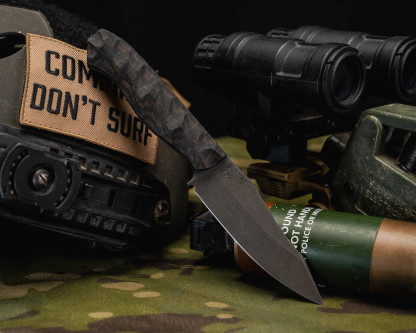 Half Face Blades - Field Knife Jr - Brown Burlap Micarta, CF Pins, Chaos Grip