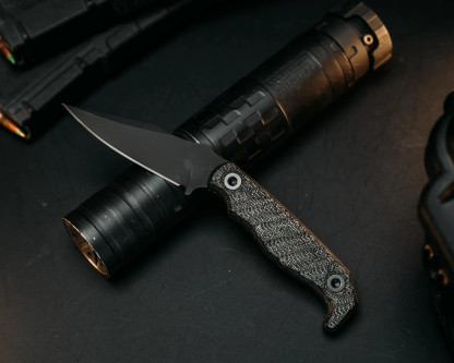 Half Face Blades - Custom EDC - Black Canvas Micarta, Armor Black Cerakote, Allen Bolts, Chaos Grip Half Face Blades - Custom EDC - Black Canvas Micarta, Armor Black Cerakote, Allen Bolts, Chaos Grip