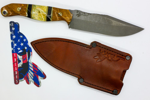 Half Face Blades - Crow Scout Drop Point - White Oak, Black G10 and Brass Pin Striping, Black Dark Matter Carbon and Dyed Giraffe Bone Split, Mosaic Pins, 1/8" Brass Pin, Mosaic Lanyard Pin, Textured Grip