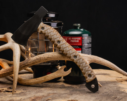 Half Face Blades -  Camp Hatchet - Ghost/Coyote G10, Ti Torx Bolts, Chaos Grip Half Face Blades -  Camp Hatchet - Ghost/Coyote G10, Ti Torx Bolts, Chaos Grip