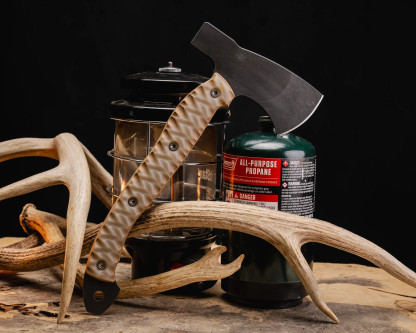 Half Face Blades -  Camp Hatchet - Ghost/Coyote G10, Ti Torx Bolts, Chaos Grip Half Face Blades -  Camp Hatchet - Ghost/Coyote G10, Ti Torx Bolts, Chaos Grip