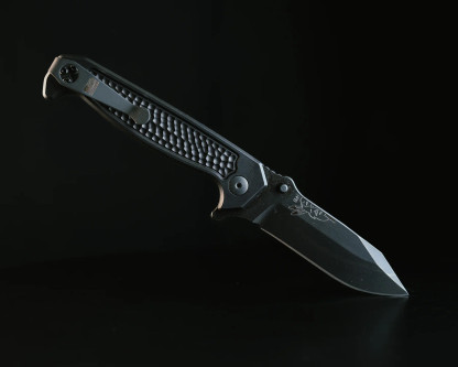 Half Face Blades - Disaster Folder - Anodized Black Handle, Black Nitride Frame, Dimpled Grip, Deep Carry Pocket Clip