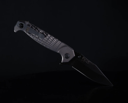 Half Face Blades - Crow Folder- Anodized Gray Handle, Black Nitride Blade, Grenade Stippled Grip, Deep Carry Clip