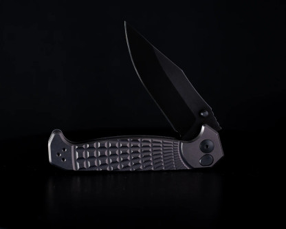Half Face Blades - Crow Folder- Anodized Gray Handle, Black Nitride Blade, Grenade Stippled Grip, Deep Carry Clip
