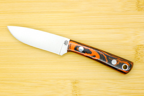 LT Wright Knives Cookcraft Collection Four Piece Knife Set w/ Bag and Board - AEB-L Steel - Flat Grind - Orange & Black Burl Custom Scales- Polished Finish LT Wright Knives Cookcraft Collection Four Piece Knife Set w/ Bag and Board - AEB-L Steel - Flat Grind - Orange & Black Burl Custom Scales- Polished Finish