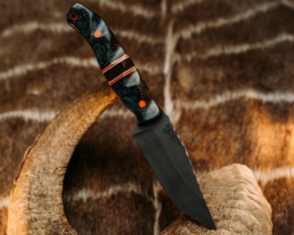 Half Face Blades - Crow Jr. - Dyed Maple Burl, Black, Organge & Ivory G10 w/ Copper Pin Striping, Hawaiian Curly Koa Split, Orange G10 Pins, Orange G10 Pins, Textured Grip Half Face Blades - Crow Jr. - Dyed Maple Burl, Black, Organge & Ivory G10 w/ Copper Pin Striping, Hawaiian Curly Koa Split, Orange G10 Pins, Orange G10 Pins, Textured Grip