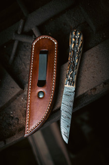 15:58 Knife Co: Gentleman's EDC - Damascus Steel - Sambar Stag Handle- Leather Sheath - by Josh Fisher