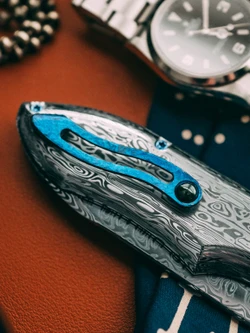 Todd Begg/Jerry Moen Custom Collaboration - Compadre - Aegir Damasteel Blade and Handles, Blue Titanium Fittings, Liner Lock