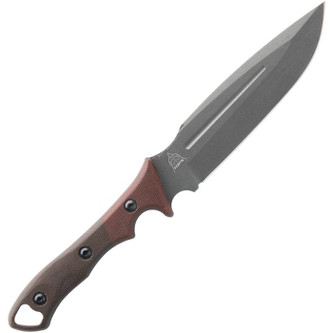 TOPS Knives: Viking Tactics Norseman, VTAC-05 - Gray Tungsten Cerakote 1095HC Steel Fixed Blade Knife w/ Tan and Green Canvas Micarta Handle, Black MOLLE Loks