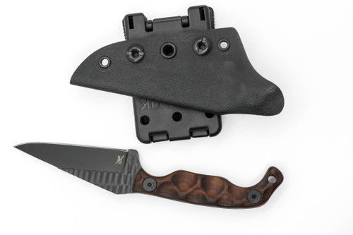 Stroup Knives: Mini, Black Cerakote Fixed Blade Knife w/ Rosewood Sculpted Handle Stroup Knives: Mini, Black Cerakote Fixed Blade Knife w/ Rosewood Sculpted Handle