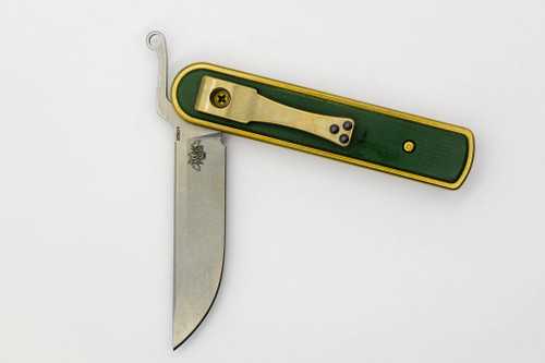 Dark Pines Knives - SwitchBack - 2.8" Nitro-V Friction Folding Knife w/ Green Canvas Micarta w/ Brass Handle Dark Pines Knives - SwitchBack - 2.8" Nitro-V Friction Folding Knife w/ Green Canvas Micarta w/ Brass Handle