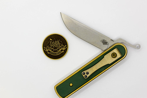 Dark Pines Knives - SwitchBack - 2.8" Nitro-V Friction Folding Knife w/ Green Canvas Micarta w/ Brass Handle Dark Pines Knives - SwitchBack - 2.8" Nitro-V Friction Folding Knife w/ Green Canvas Micarta w/ Brass Handle