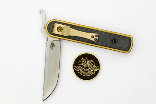Dark Pines Knives - SwitchBack - 2.8" Nitro-V Friction Folding Knife w/ Black Carbon Fiber w/ Brass Handle Dark Pines Knives - SwitchBack - 2.8" Nitro-V Friction Folding Knife w/ Black Carbon Fiber w/ Brass Handle