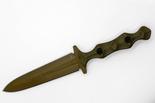 Stroup Knives: Dagger, Dark Earth Cerakote Fixed Blade Knife w/ OD Green Sculpted G10 Handle Stroup Knives: Dagger, Dark Earth Cerakote Fixed Blade Knife w/ OD Green Sculpted G10 Handle