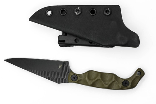 Stroup Knives: Bravo 5 , Black Cerakote Fixed Blade Knife w/ OD Green G10 Handle Stroup Knives: Bravo 5 , Black Cerakote Fixed Blade Knife w/ OD Green G10 Handle