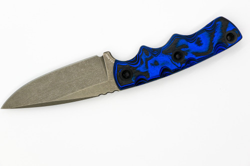 T.Kell Knives: Combatant - 3.21" Nickle Boron 80CRV-2 Steel Blade w/ Black & Blue Burl G10 handle T.Kell Knives: Combatant - 3.21" Nickle Boron 80CRV-2 Steel Blade w/ Black & Blue Burl G10 handle