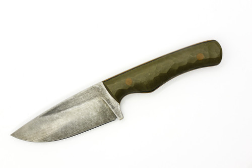 The Wizard Forge - Goblin - 4" Stonewash 52100 Fixed Blade W/ OD Green G10 W/ Tan & Black Liners Handle and Tan Kydex Sheath W/ OD Green Straps