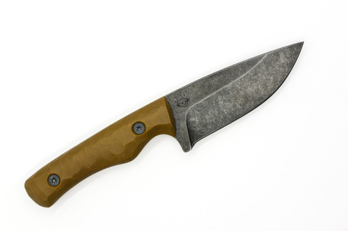 The Wizard Forge - Goblin - 4" Stonewash 52100 Fixed Blade W/ Coyote G10 Handle and Nemesis Kydex Sheath W/ Tan Straps The Wizard Forge - Goblin - 4" Stonewash 52100 Fixed Blade W/ Coyote G10 Handle and Nemesis Kydex Sheath W/ Tan Straps